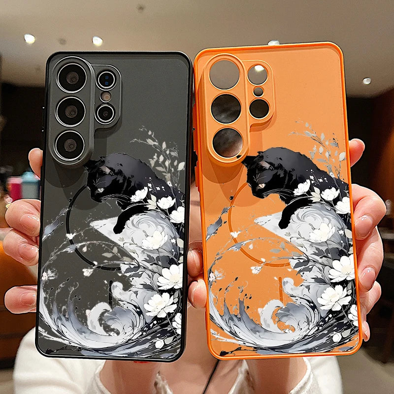 Magnetic Phone Case For Samsung Galaxy S26 S25 Ultra S24 S23 FE A17 A57 A56 A37 A16 A35 A55 A15 A36 A25 Black Cat Hard PC Cover