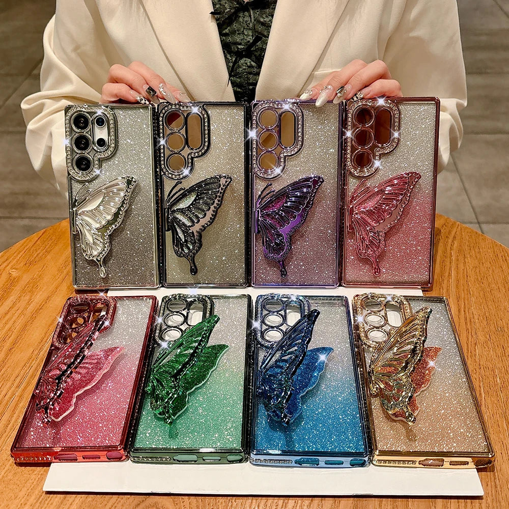 Jewelled Glitter Bling Butterfly Stand Holder Case For Samsung S25 Edge S24 S23 S26 Ultra S22 Plus A73 A54 A16 Shockproof Cover