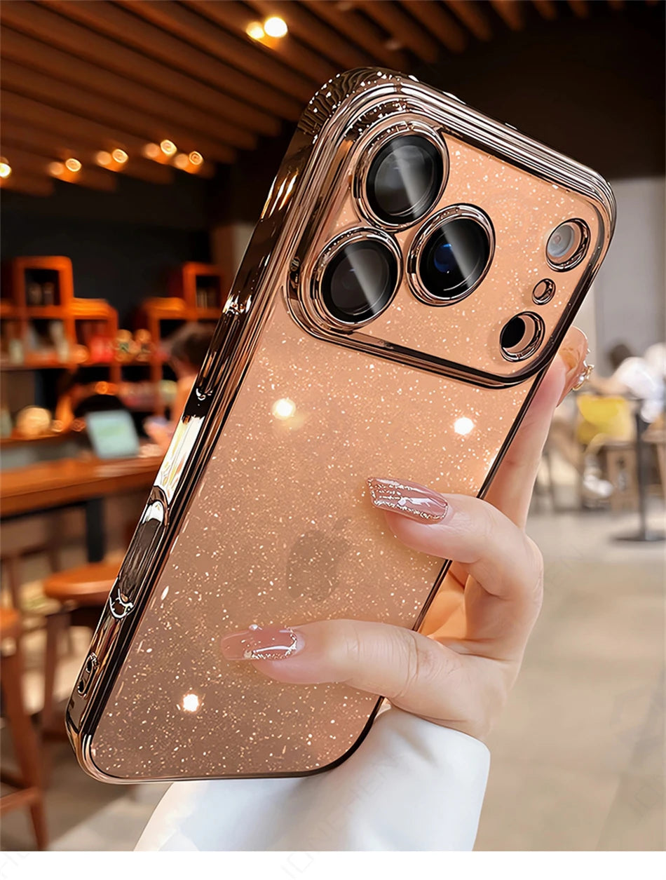 Luxury Transparent Glitter Clear Slim Case For iPhone 12 13 14 Plus 15 16 17 Pro Max Orange Pating Bumper Lens Glass Hard Cover
