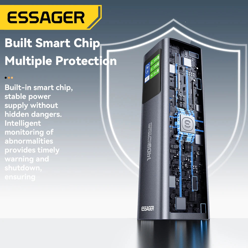 ESSAGER 140W Power Bank 27000mAh PD3.1 Super Fast Charging Digital Display Portable PowerBank for Macbook Laptop iPhone 17 16 15 Car Mobile World