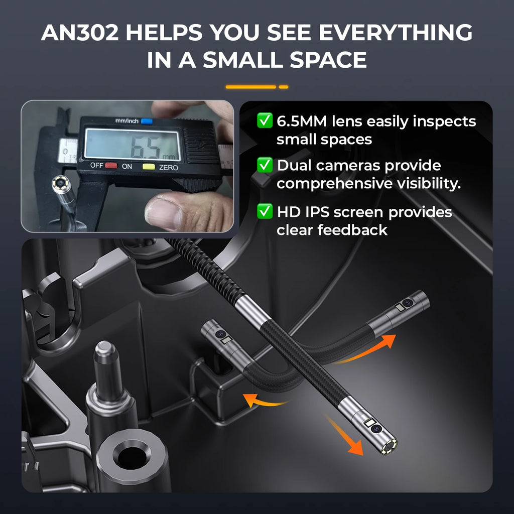 ANCEL AN302 Endoscope 6.5MM Two-Way Articulating Borescope Dual Camera HD Endoscope with 7 LED Lights Car Inspection Tools