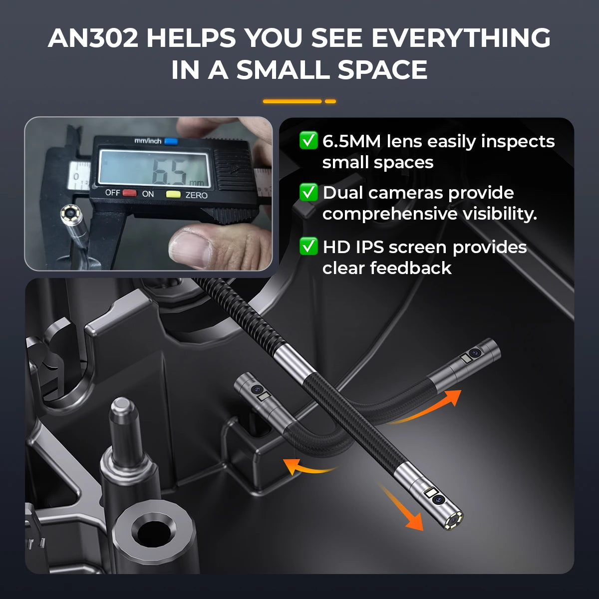 ANCEL AN302 Endoscope 6.5MM Two-Way Articulating Borescope Dual Camera HD Endoscope with 7 LED Lights Car Inspection Tools