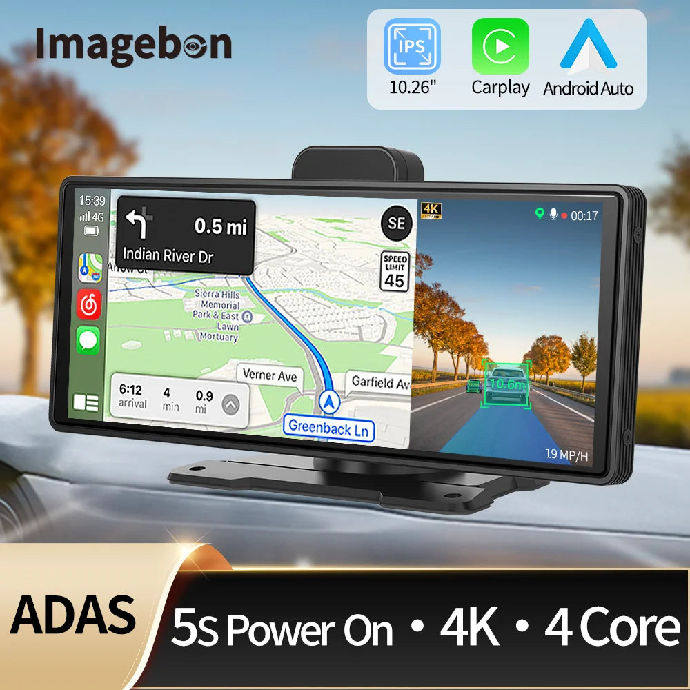 Imagebon 10.26"/11.4" 4K Dash Cam ADAS Wireless CarPlay Android Auto Car DVR Camera AUX 5G WiFi GPS Navigation Video Recorder