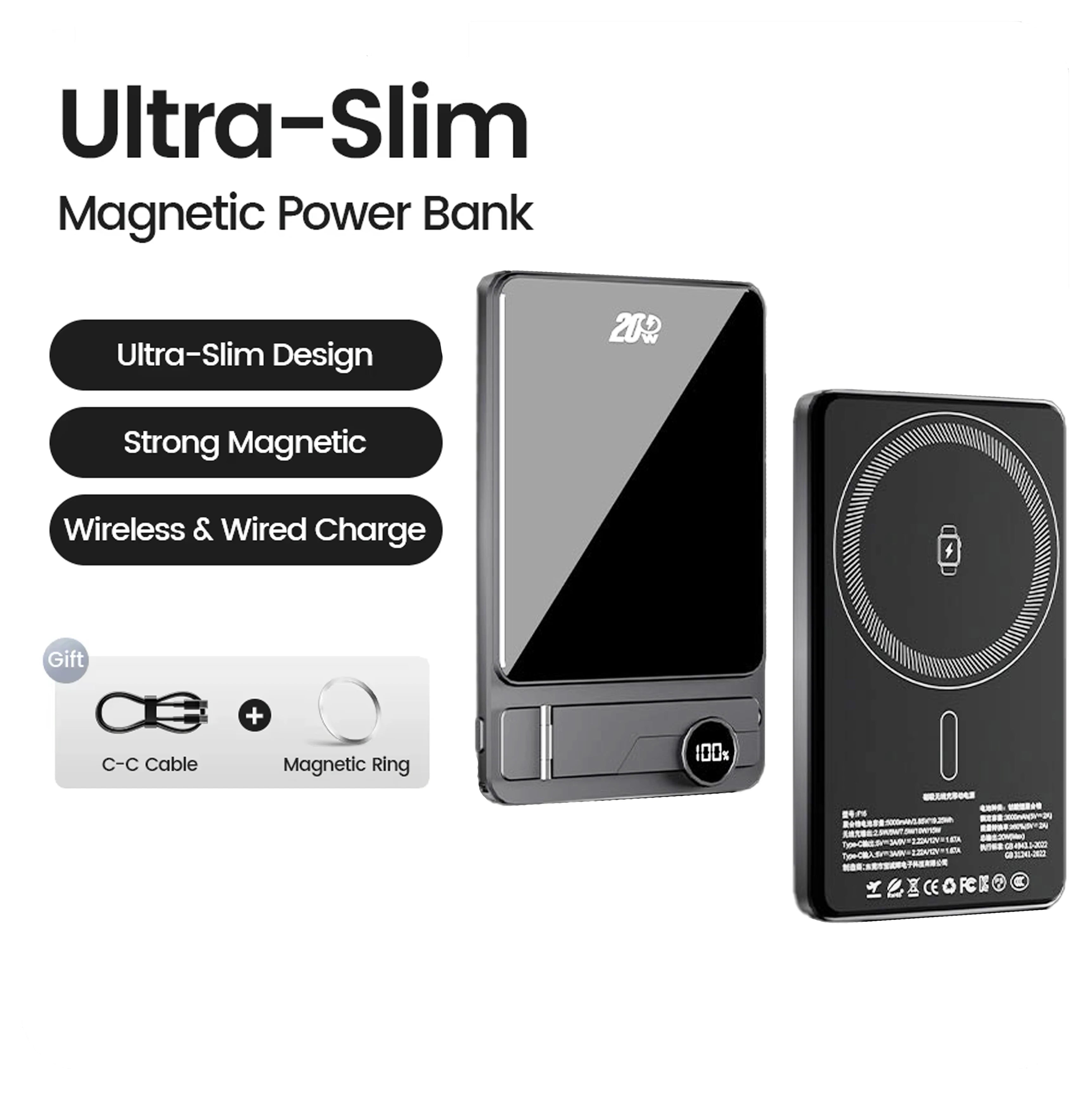 10000mAh Ultra Slim Power Bank for MagSafe,Magnetic Wireless 20W Fast Charging Portable Battery For iPhone Samsung Xiaomi iWatch Car Mobile World