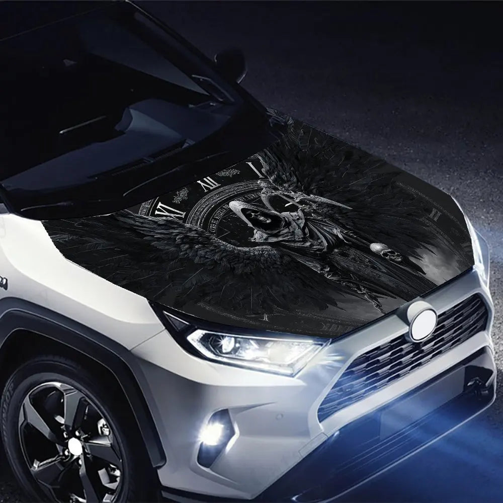 Clock & Winged Reaper Car Vinyl Wrap, PVC Waterproof Car Hood Sticker, Self-Adhesive Scratch-Resistant Stickers for Engine Cover