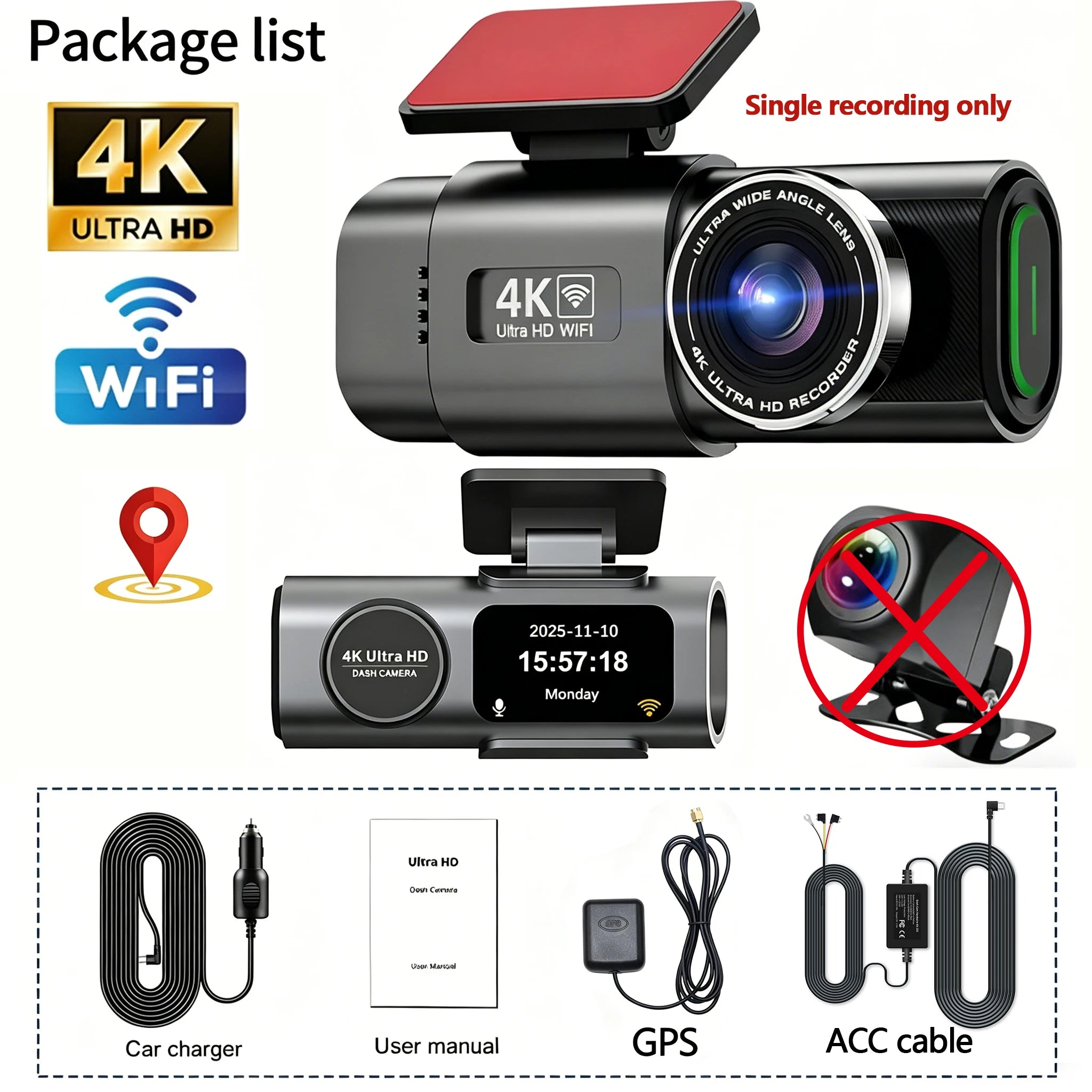 4K UHD Recording Dash Cam Video Recorder Car Camera DVR Night Vision Wi-Fi GPS 24H Parking Mini Front Rear Black Box Monitor Car Mobile World