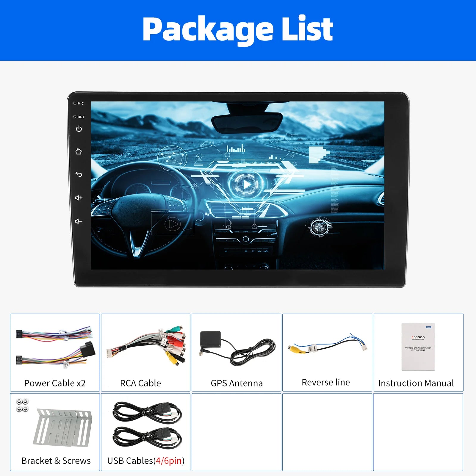 ESSGOO 10.1" Android 14 Carplay Car GPS Radio Stereo Double 2Din Head Unit FM SWC Bluetooth 4+64GB IPS Split Touch Screen WiFi CM World