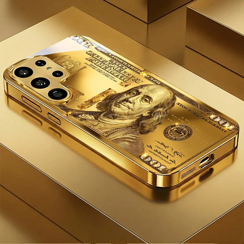 Golden Dollar Bill Fashion Exquisite HD Glass Phone Case for Samsung Galaxy S26 S25 S24 S23 S22 FE,Ultra,Plus Dropresistant Car Mobile World