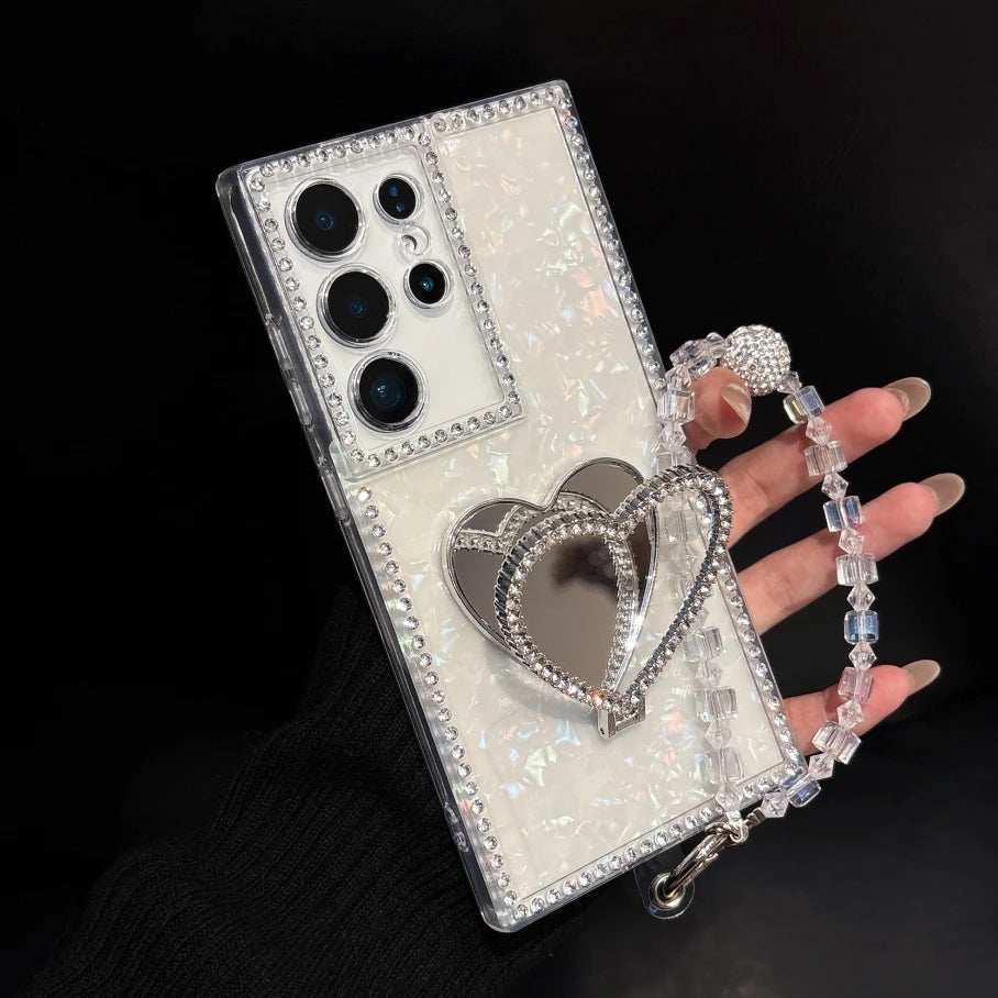 Glitter Love Heart Mirror Bracelet Case for Samsung Galaxy S26 S25 Ultra S24 S22 Plus S23 FE A55 A16 A54 A35 A15 Bracket Cover