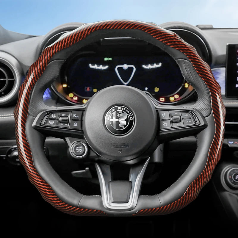 Suitable for Alfa Romeo Carbon Fiber Texture Steering Wheel Cover Snap-On Wave-Shaped Sports Design Protective Case Giulia 952 Stelvio 949 147 Mito Giulietta Tonale 965 Sprint 159 Quadrifoglio Black CM World