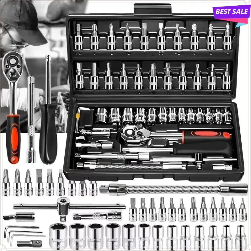 46Pcs 1/4 Inch Metric Ratchet Socket Wrench Set with Extension Bar, Portable Repair Tool Kit for Auto Household Maintenance