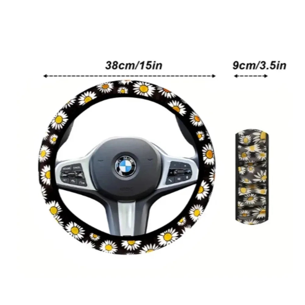 Car Steering Wheel Cover Universal 15 Inch Daisy Anti Slip Steering Wheel Cover Suitable for All Seasons Breathable Comfortable