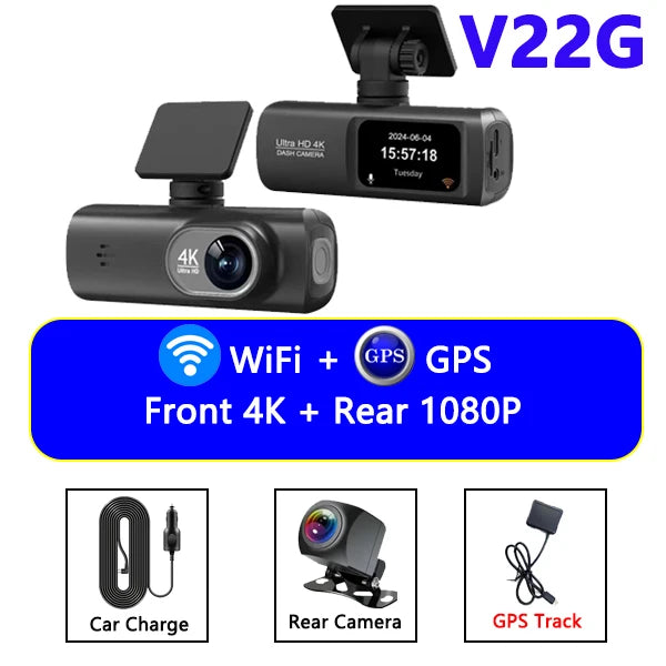 4K UHD Dash Cam Dual Lens Recording Car Camera DVR Night Vision Video Recorder Support GPS Wi-Fi Room Black Box Rear View Camera