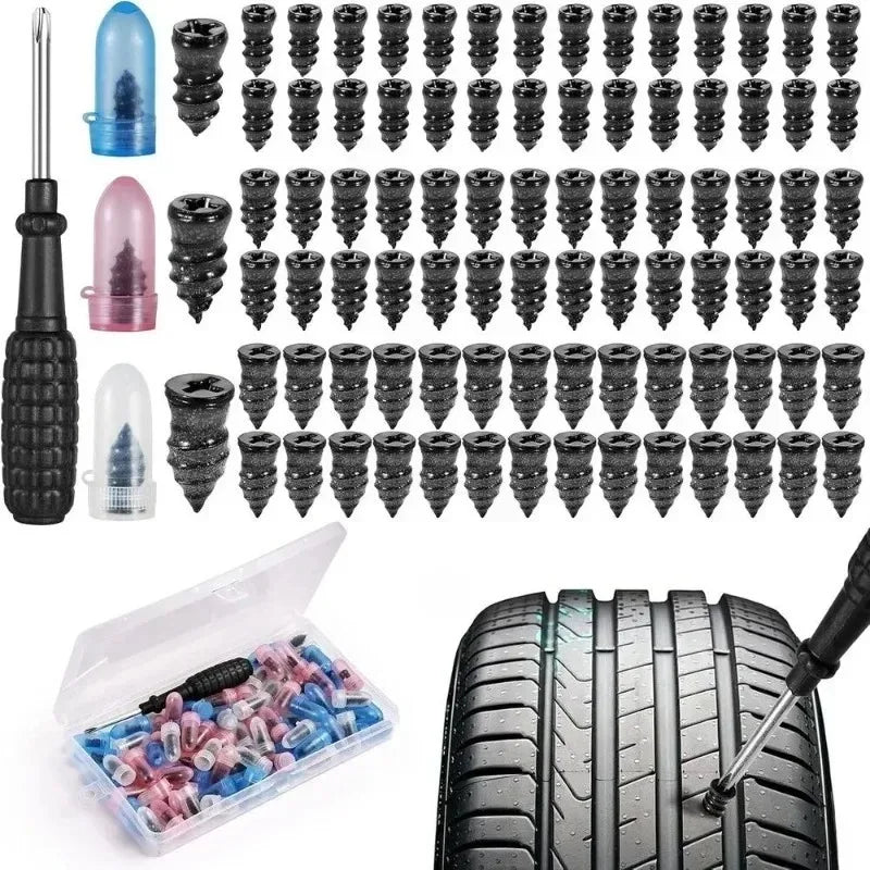 Car Tire Repair Nail Vacuum Tyre Screw Rubber Patch  Nails+ Tool Set W/Box Moto Tyre Repair Stud Patch Nail with Screwdriver. CM World