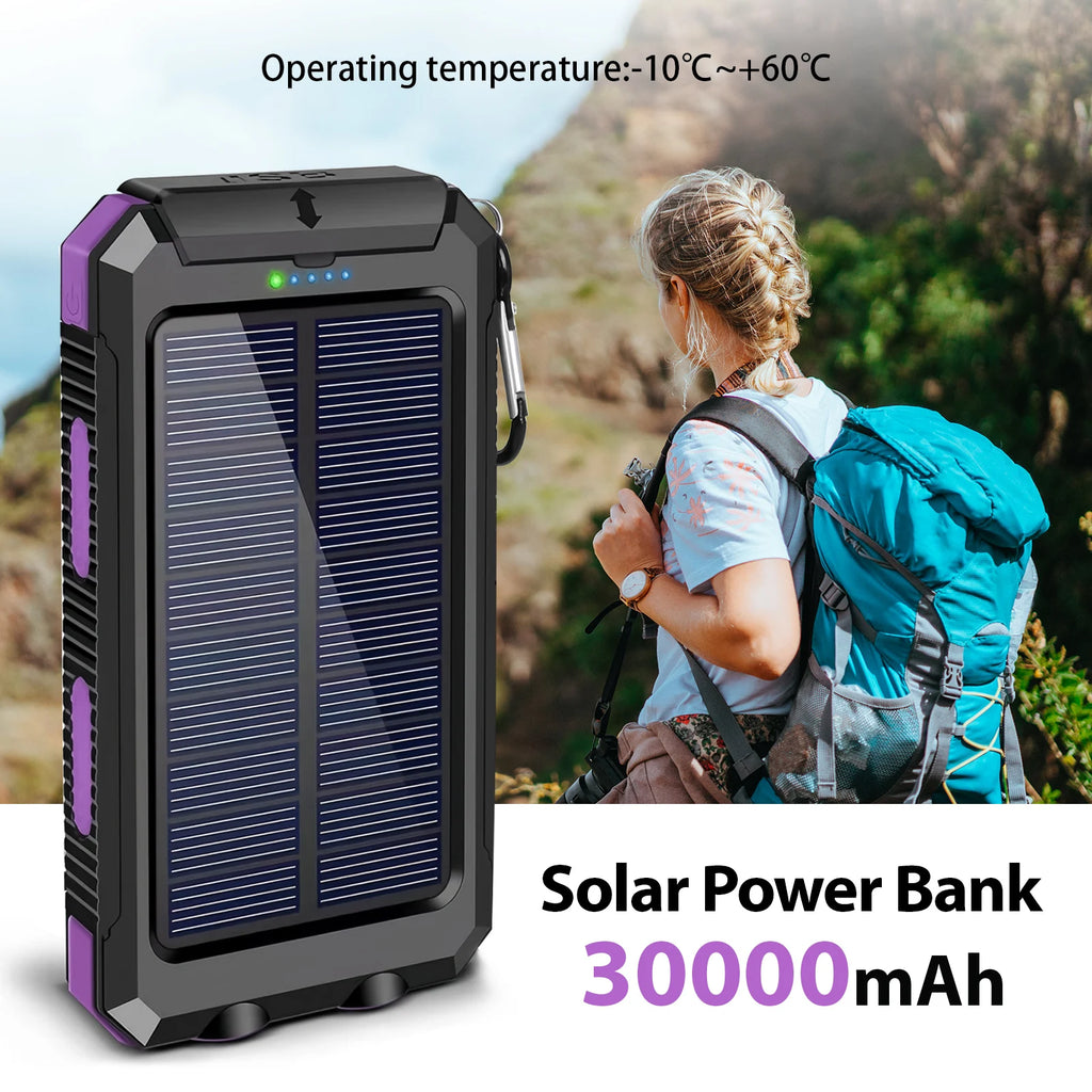 30000mAh Portable Solar Power Bank External Battery Waterproof Dual 5V 1A USB Ports LED Flashlight for iPhone Samsung Tablets Car Mobile World