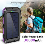 30000mAh Portable Solar Power Bank External Battery Waterproof Dual 5V 1A USB Ports LED Flashlight for iPhone Samsung Tablets Car Mobile World