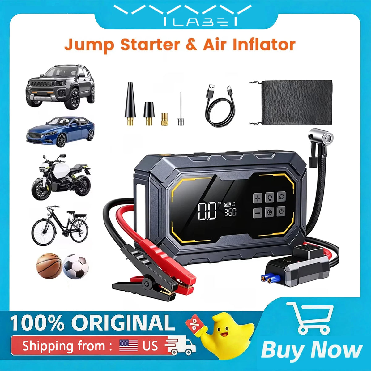 Vyvylabs 12v Car Jump Starter Power with Air Compressor 6000mAh Bank Portable Wireless Air Pump Auto Emergency Booster Starter