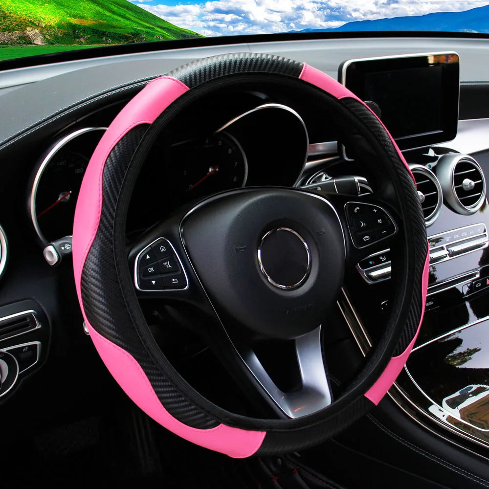 PU Carbon Fiber Leather Car Steering Wheel Cover without Inner Ring Suitable for 14.5-15 Inches of Automotive Supplies CM World