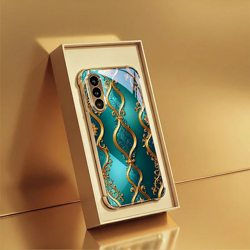 Green gold stripe Tempered Glass Fashion phone case for Samsung Galaxy S26/S25/S24/S23/S22/S21 FE Ultra Plus Dropresistant