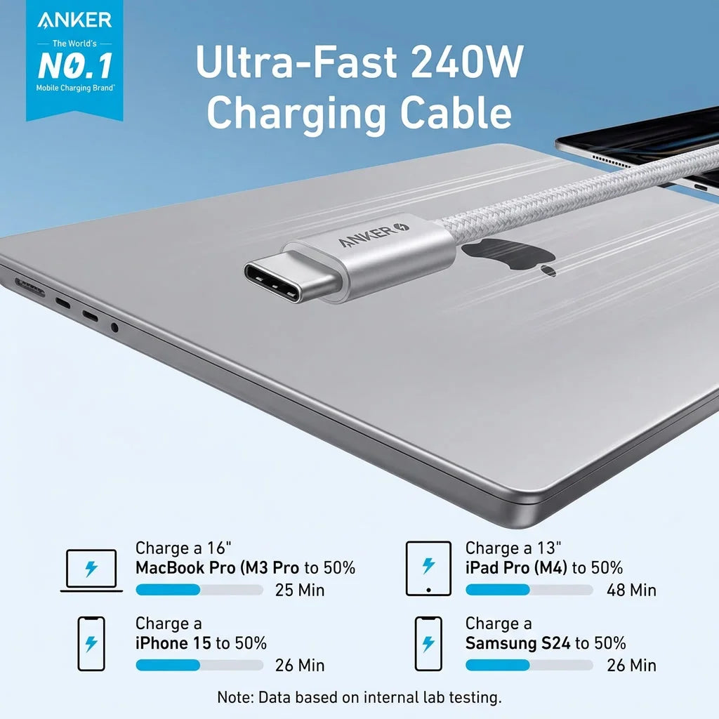 Anker Zolo USB‑C to USB‑C Cable 240W PD3.1 Fast Charging Braided Wire 1.5M Data Cord For Laptop Phone Tablet