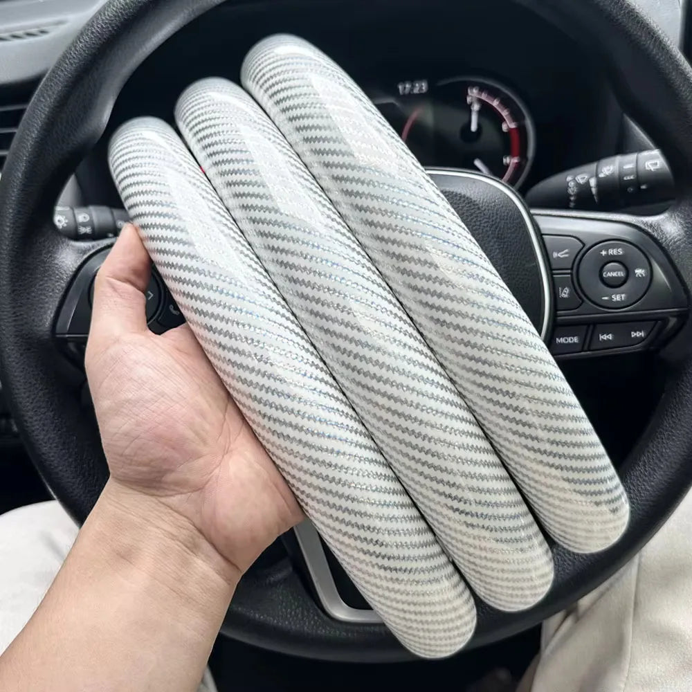 3PCS Laser Carbon Fiber Silicone Car Round Steering Wheel Cover Fiber Leather Wheel Booster Auto Cover Non-Slip Universal parts CM World