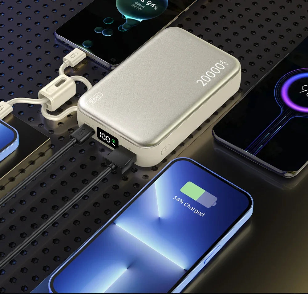 Hot 20000mAh Power Bank 66W Fast Charging Built in Cables Powerbank for IPhone Xiaomi Huawei Samsung External Spare Battery