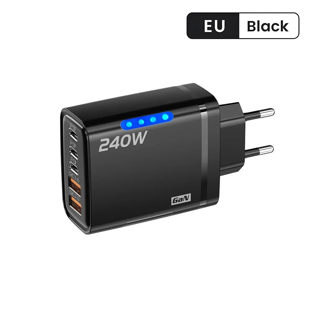 5 in 1 240W GaN Fast Charger With LED Light 2USB+3Type-C Multi Port Phone Charger for iPhone 16 15 pro Samsung Huawei Xiaomi 15 Car Mobile World
