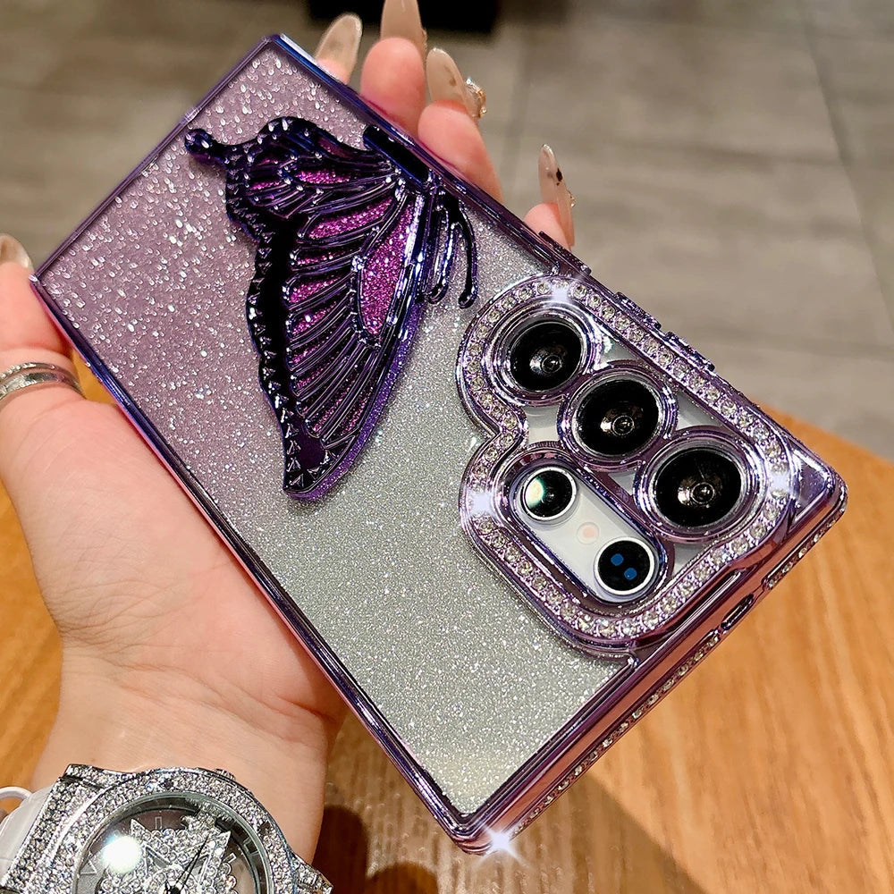 Jewelled Glitter Bling Butterfly Stand Holder Case For Samsung S25 Edge S24 S23 S26 Ultra S22 Plus A73 A54 A16 Shockproof Cover Car Mobile World