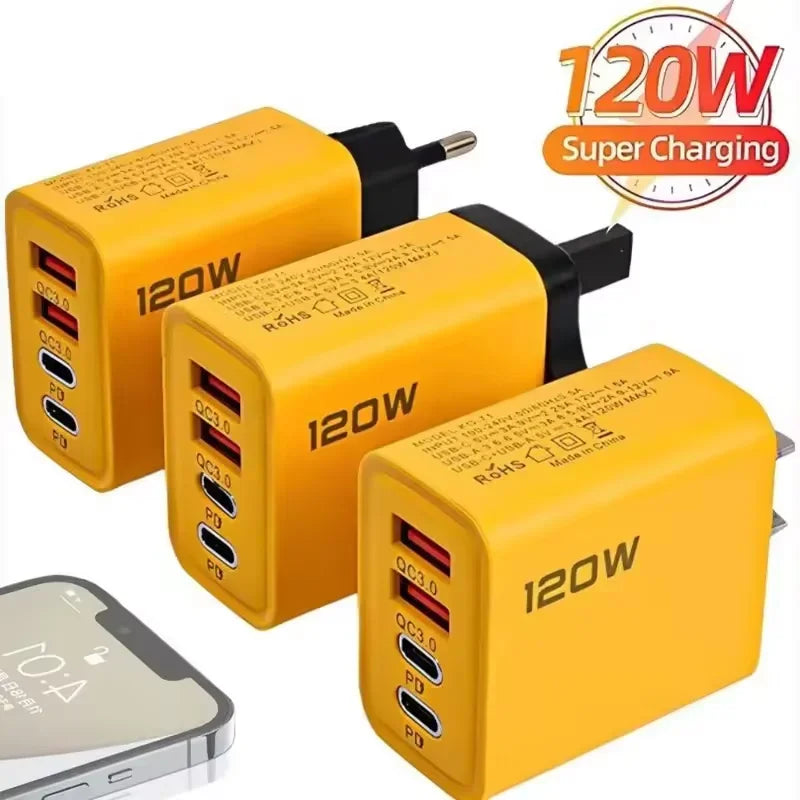 120W Fast Charging 4 Ports Phone Charger QC3.0 USB Type C Chargers Dual PD USB EU/US Plug Wall Adapter For iPhone Samsung 2026 Car Mobile World