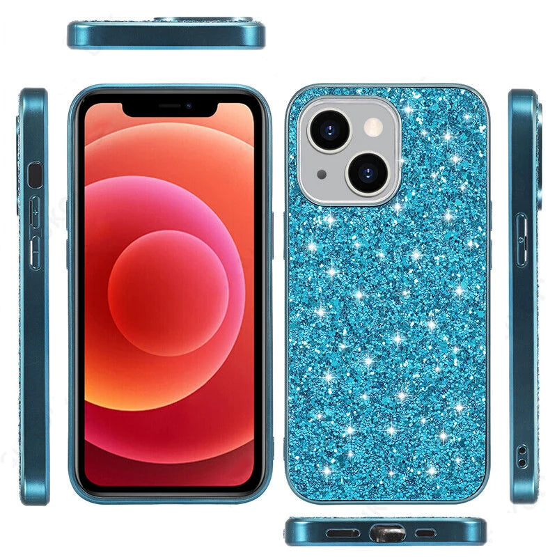 Shining Glitter Bling Sequins Case For iPhone 14 13 12 11 15 16 Pro Max Mini XS XR 7 8 Plus Plating Frame Shockproof Phone Cover