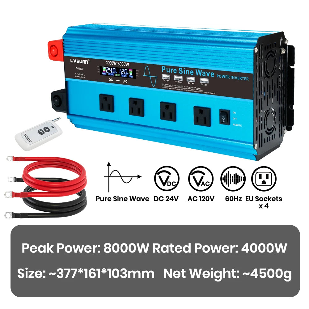 4000W Pure Sine Wave Inverter DC 12v/24v To AC 110v 60HZ Voltage Converter Car Solar Power Inverter CM World