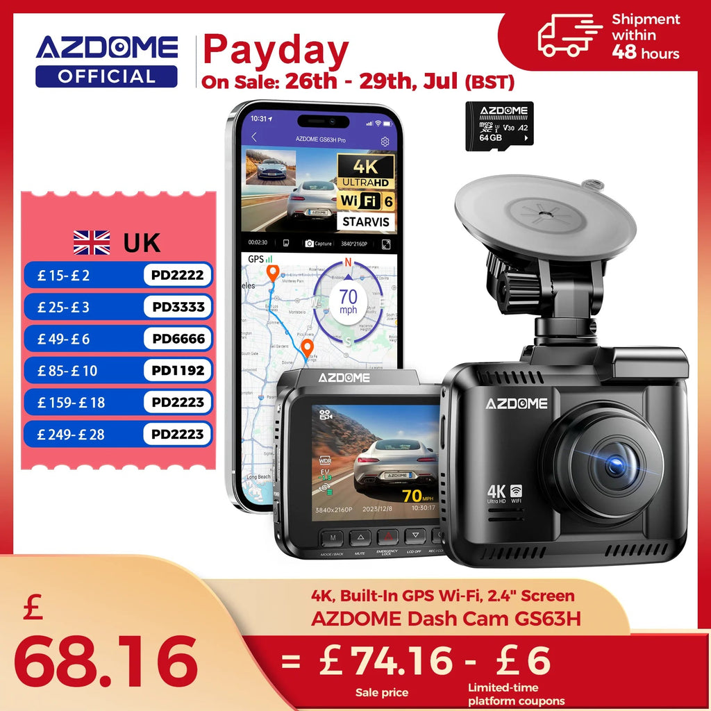 AZDOME Dash Cam GS63H 4K Built-In GPS Wi-Fi Dash Car Camera with Starvis 2.4" Screen WDR Night Vision Car DVR Parking Monito Car Mobile World
