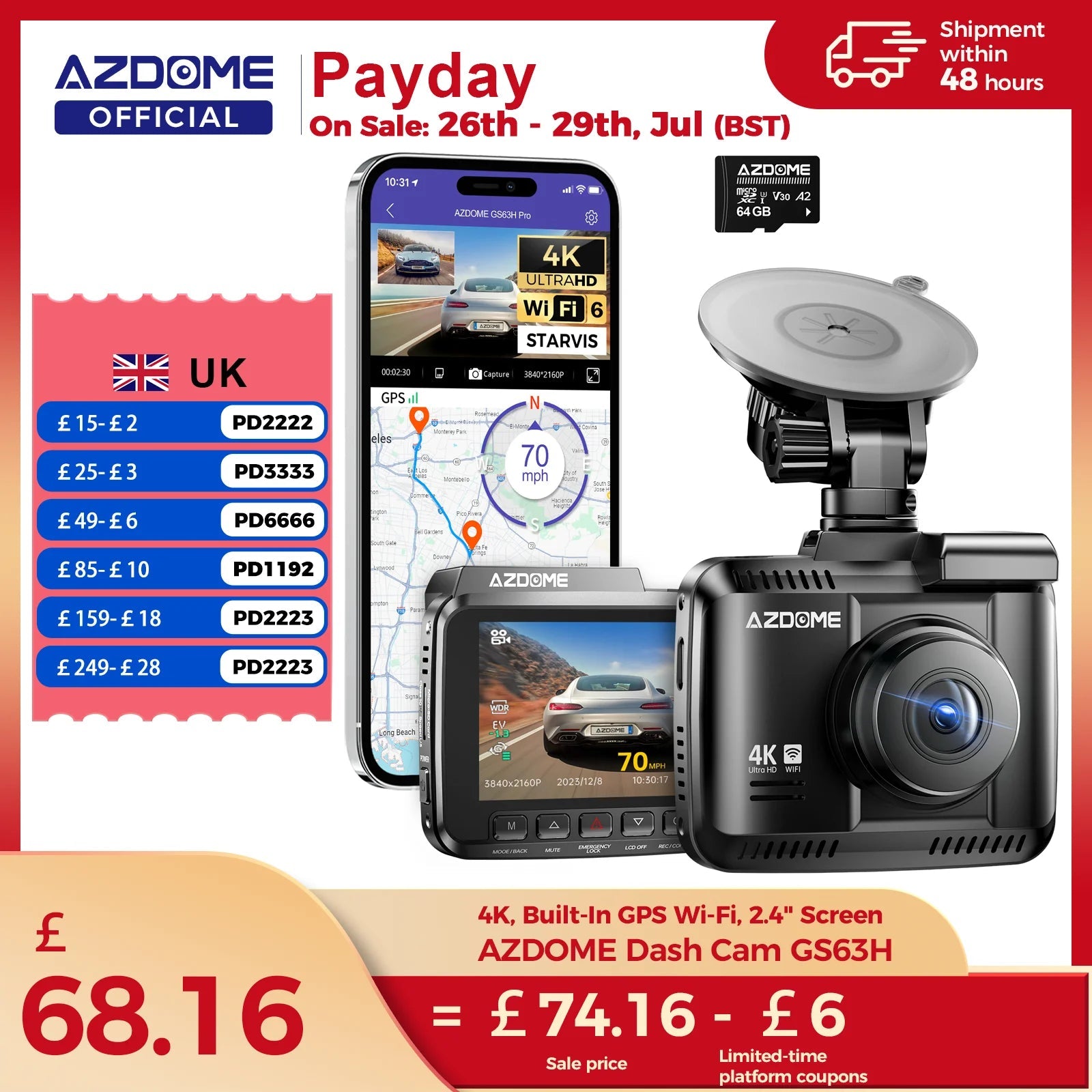 AZDOME Dash Cam GS63H 4K Built-In GPS Wi-Fi Dash Car Camera with Starvis 2.4" Screen WDR Night Vision Car DVR Parking Monito Car Mobile World
