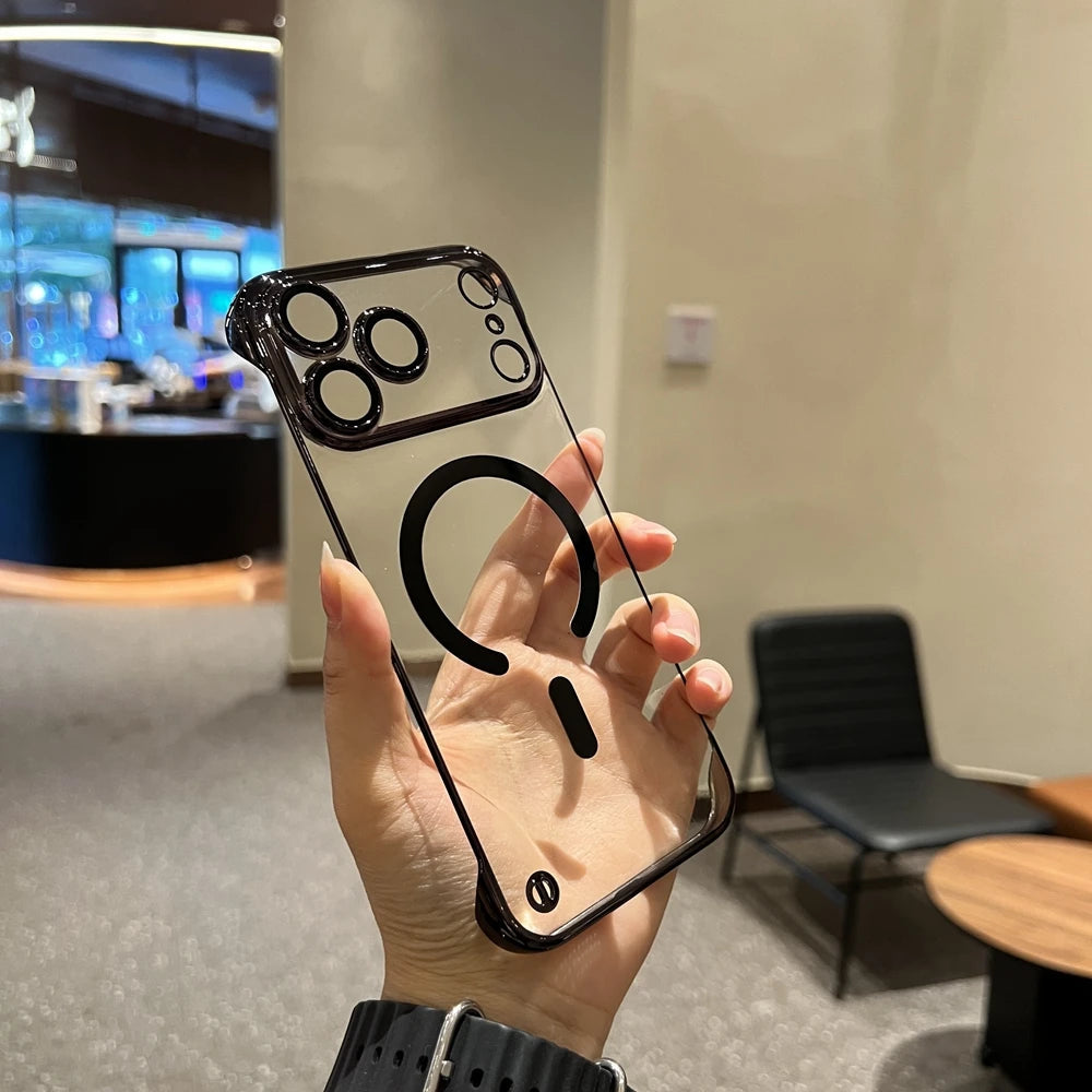 Ultra Thin Frameless PC Plating Clear Phone Case For iPhone 17 Pro Max Air 16 15 14 13 For Magsafe Wirelss Charge Protect Cover Car Mobile World