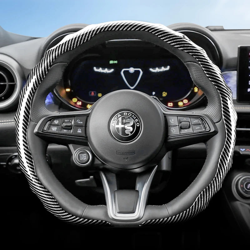Suitable for Alfa Romeo Carbon Fiber Texture Steering Wheel Cover Snap-On Wave-Shaped Sports Design Protective Case Giulia 952 Stelvio 949 147 Mito Giulietta Tonale 965 Sprint 159 Quadrifoglio Black CM World