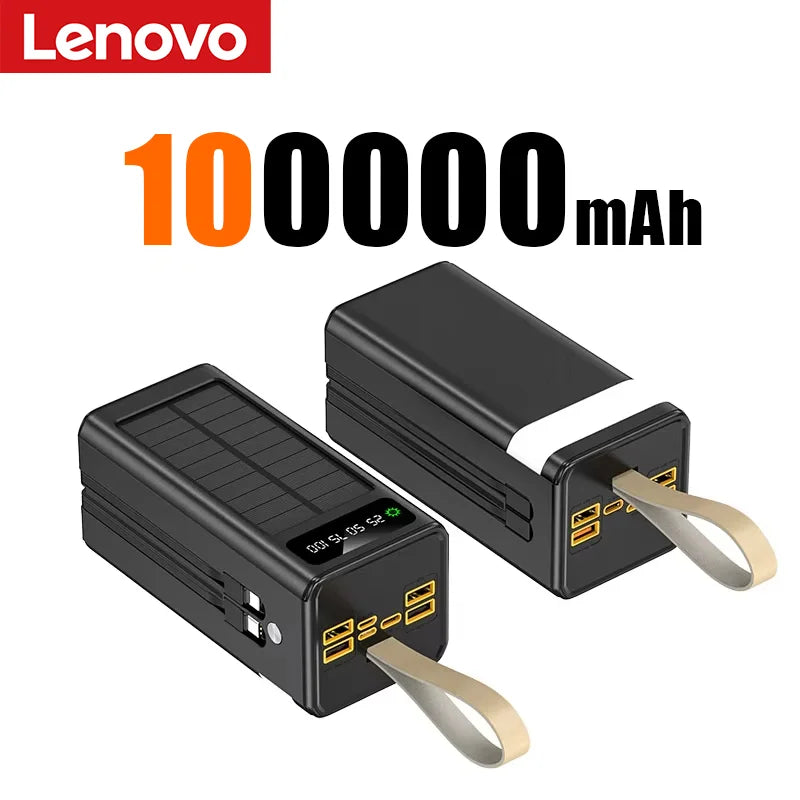 Lenovo 100000mAh Solar Power Bank High-capacity Built-in Cables External Battery LED Light Power Bank for  iPhone Samsung 2026 Car Mobile World