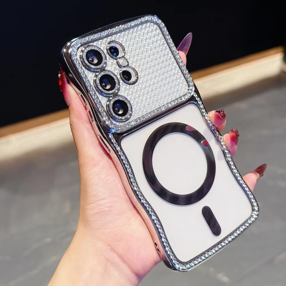 Luxury Glitter Diamond for Magsafe Plating Case for Samsung Galaxy S26 Ultra Plus Bling Camera Protector Transparent Wave Cover