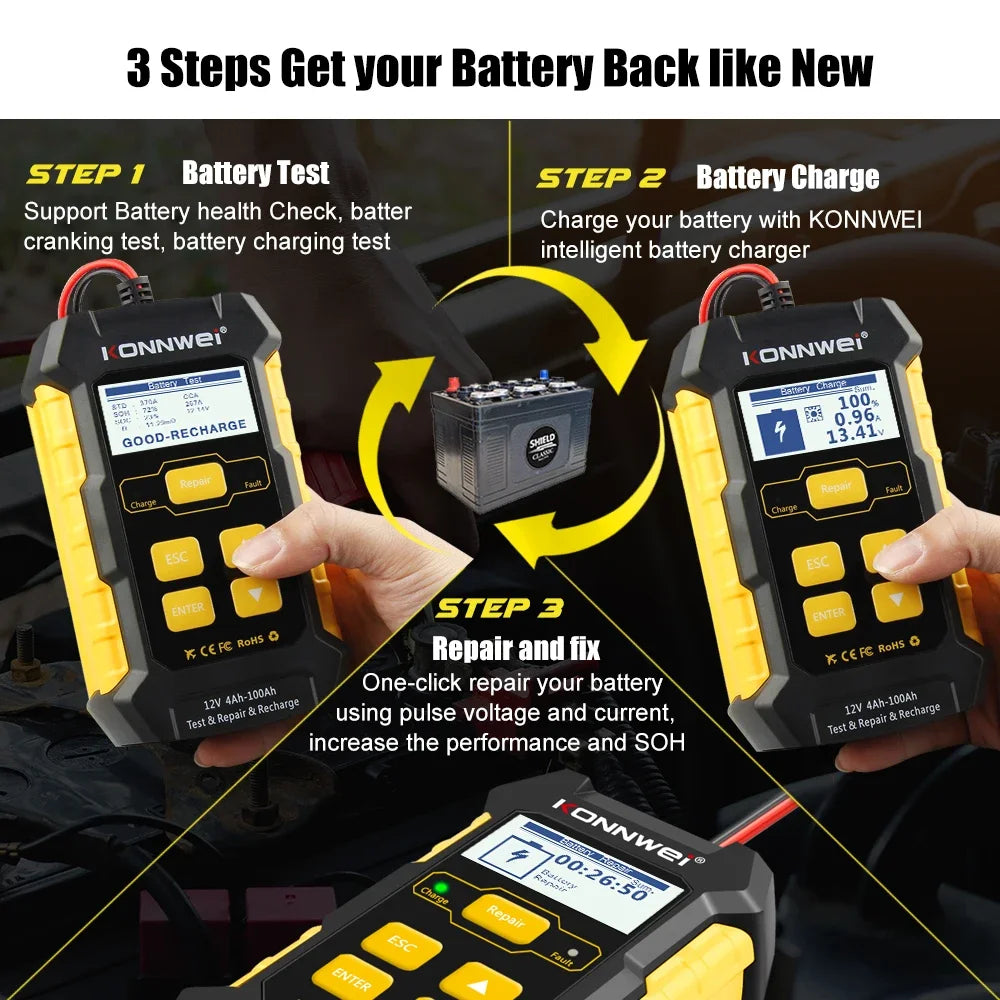 2026 KONNWEI KW510 12V Car Battery Tester Full Automatic Pulse Repair Battery Chargers Wet Dry AGM Gel Lead Acid Car Repair Tool