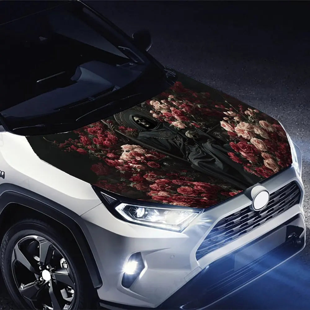 Dark Reaper & Rose Car Vinyl Wrap, PVC Waterproof Car Hood Sticker, Self-Adhesive Scratch-Resistant Stickers for Engine Cover, C