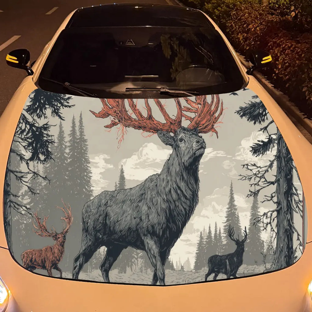 Dreamy Deer in a Mythical Forest PVC Car Engine Hood Vinyl Wraps, Self-Adhesive Waterproof Car Hood Decal Sticker, Car Decoratio