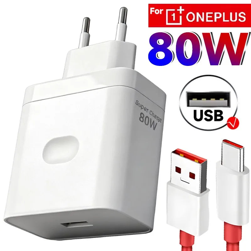 80W Fast Charger Charging Adapter + USB To Type C Charge Cable for Oneplus 13 12 11 10 Pro 13r 12r Nord CE 2 3 4 Lite Ace 5 Pro Car Mobile World