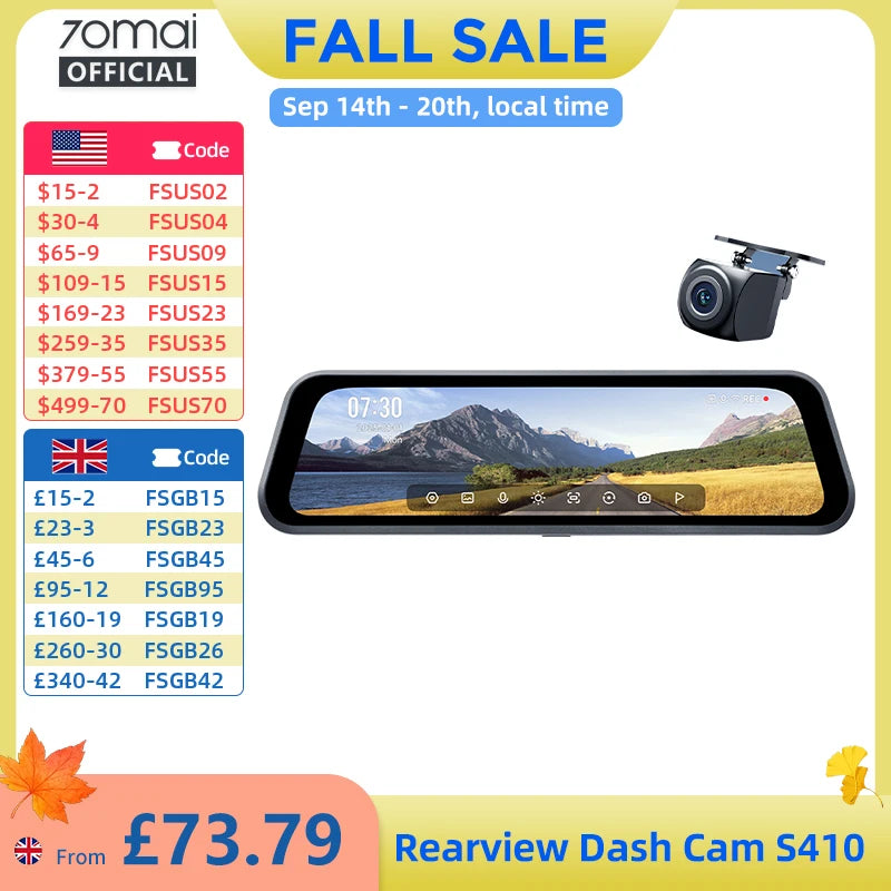 70mai Rearview Dash Cam S410 9.35" Mirror Display Front 2K Rear 1080P F1.55 Aperture Supercapacitor 24/7 Protection 70mai S410
