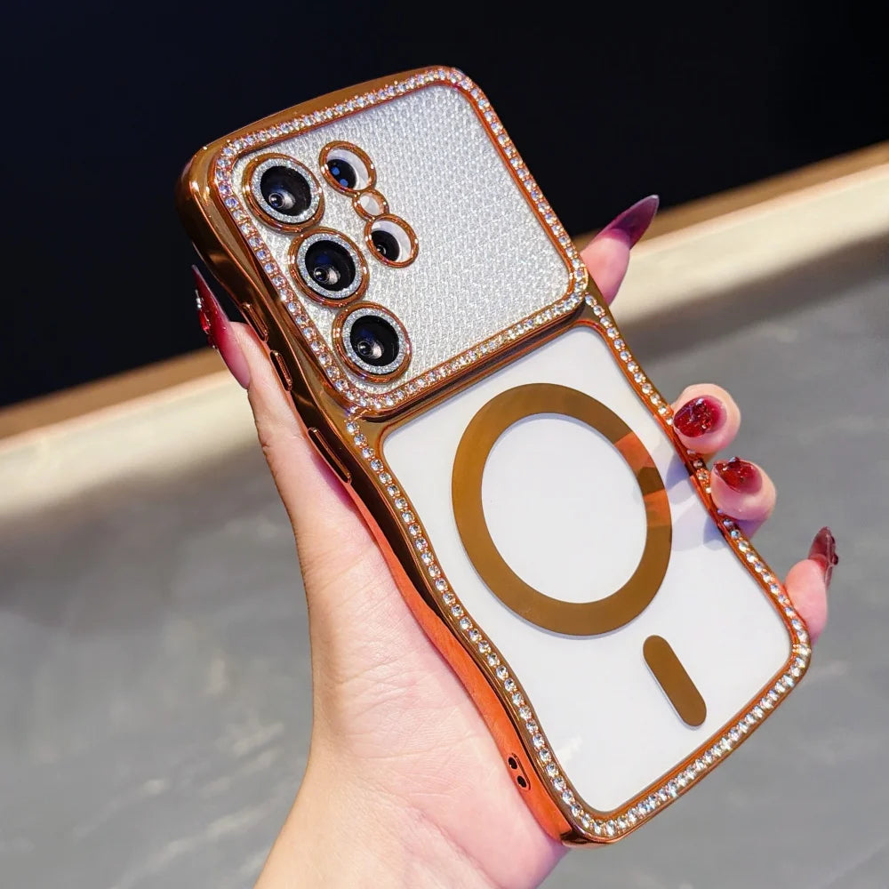 Luxury Glitter Diamond for Magsafe Plating Case for Samsung Galaxy S26 Ultra Plus Bling Camera Protector Transparent Wave Cover