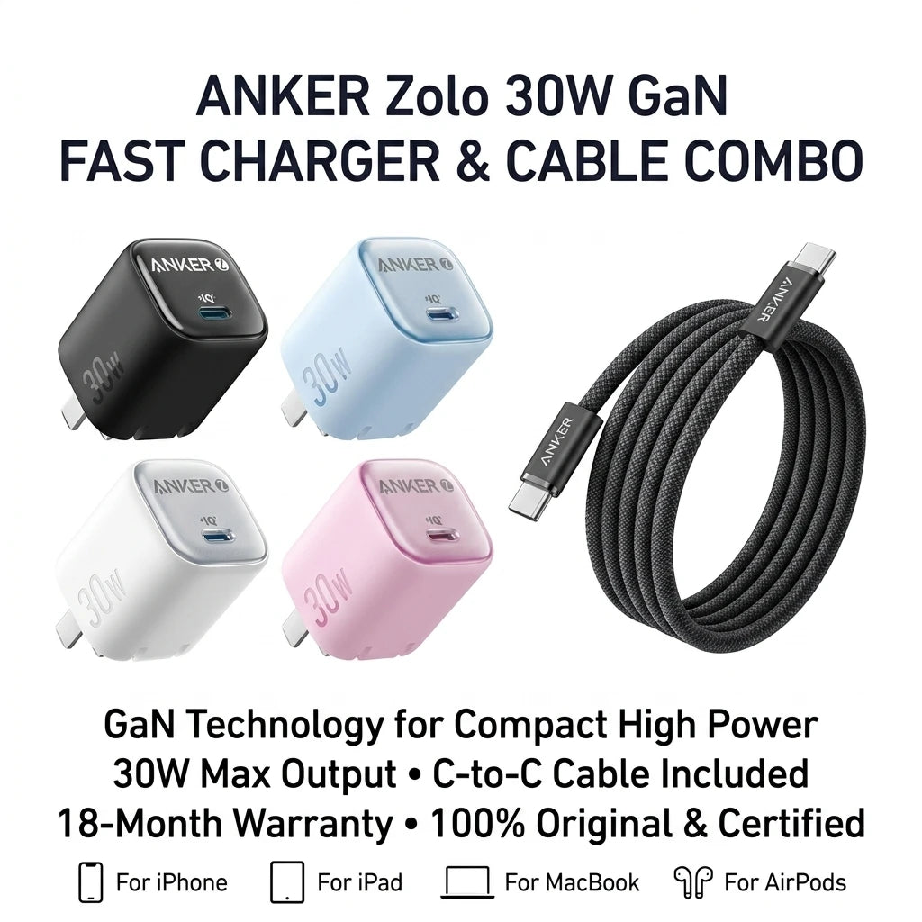 Anker Zolo 30W GaN Fast Charger Type C PD Charger With C to C Cable Portable USB C Quick Charger For iPhone iPad MacBook AirPods