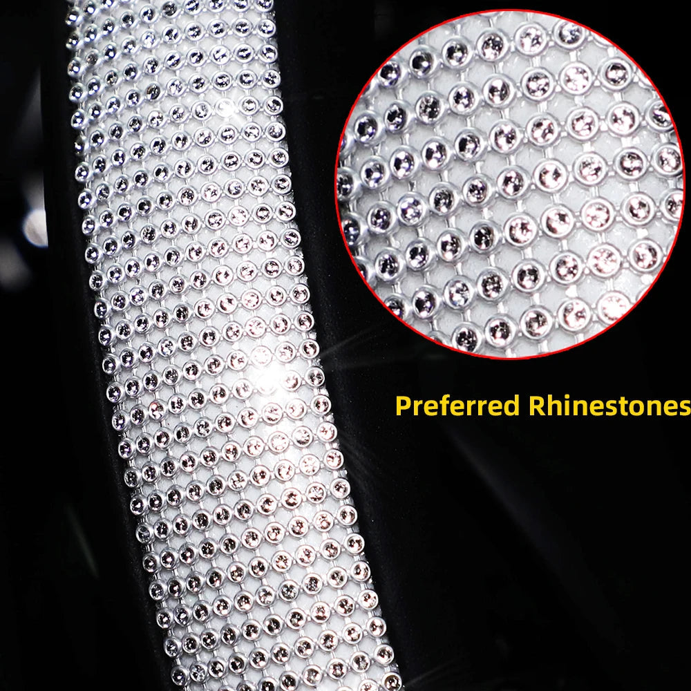 Women's PU Leather Car Interior Wheel Cover with Flashing Mesh Rhinestones for 14.5-15 Inch Car Accessories CM World