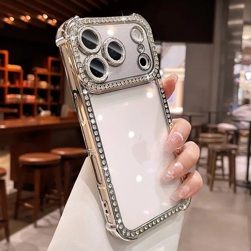 Luxury Bling Diamond Bumper Camera Protection Case For iPhone 17 16 15 14 13 Pro Max Airbag Anti-knock Transparent Soft Cover