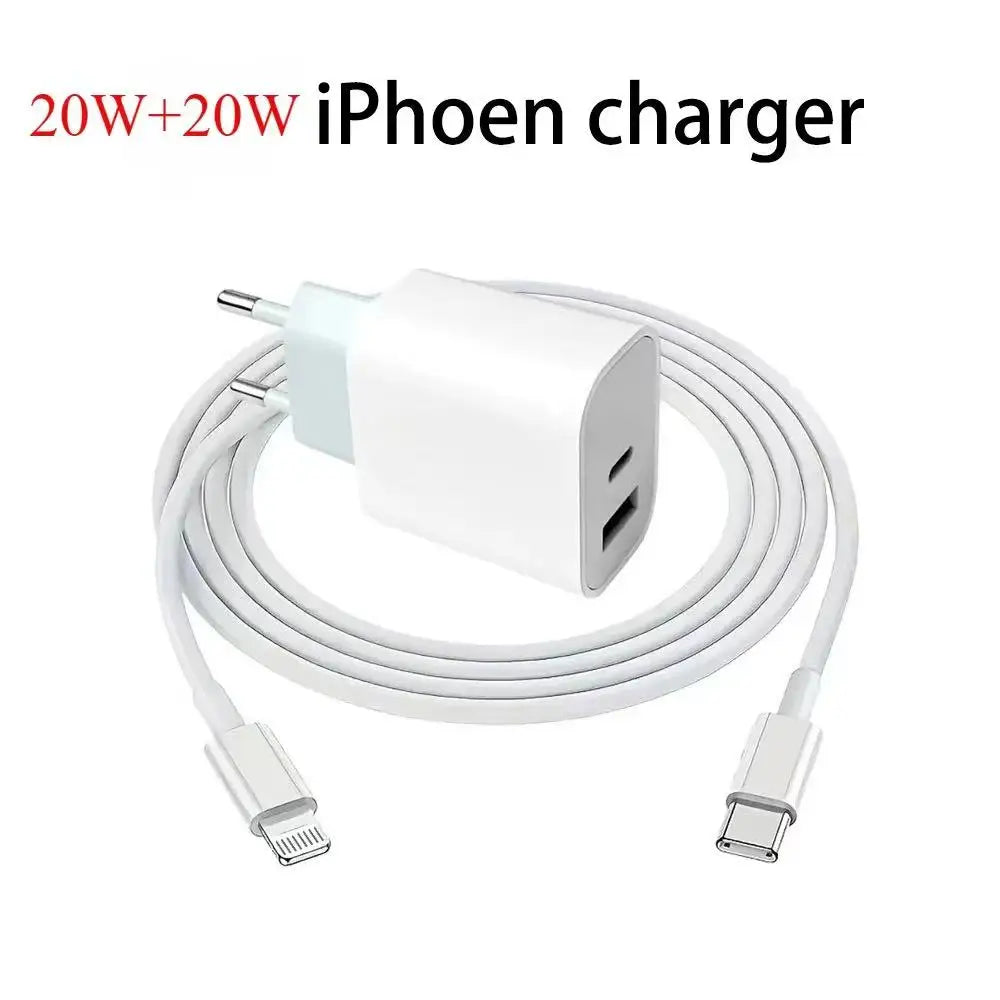 For iPhone Fast Charger 20w+20w Wall Type C Charging Cable Mobile Phone Compatible For IPhone 14 13 12 11 Pro Max XR XS X 7 8 Car Mobile World