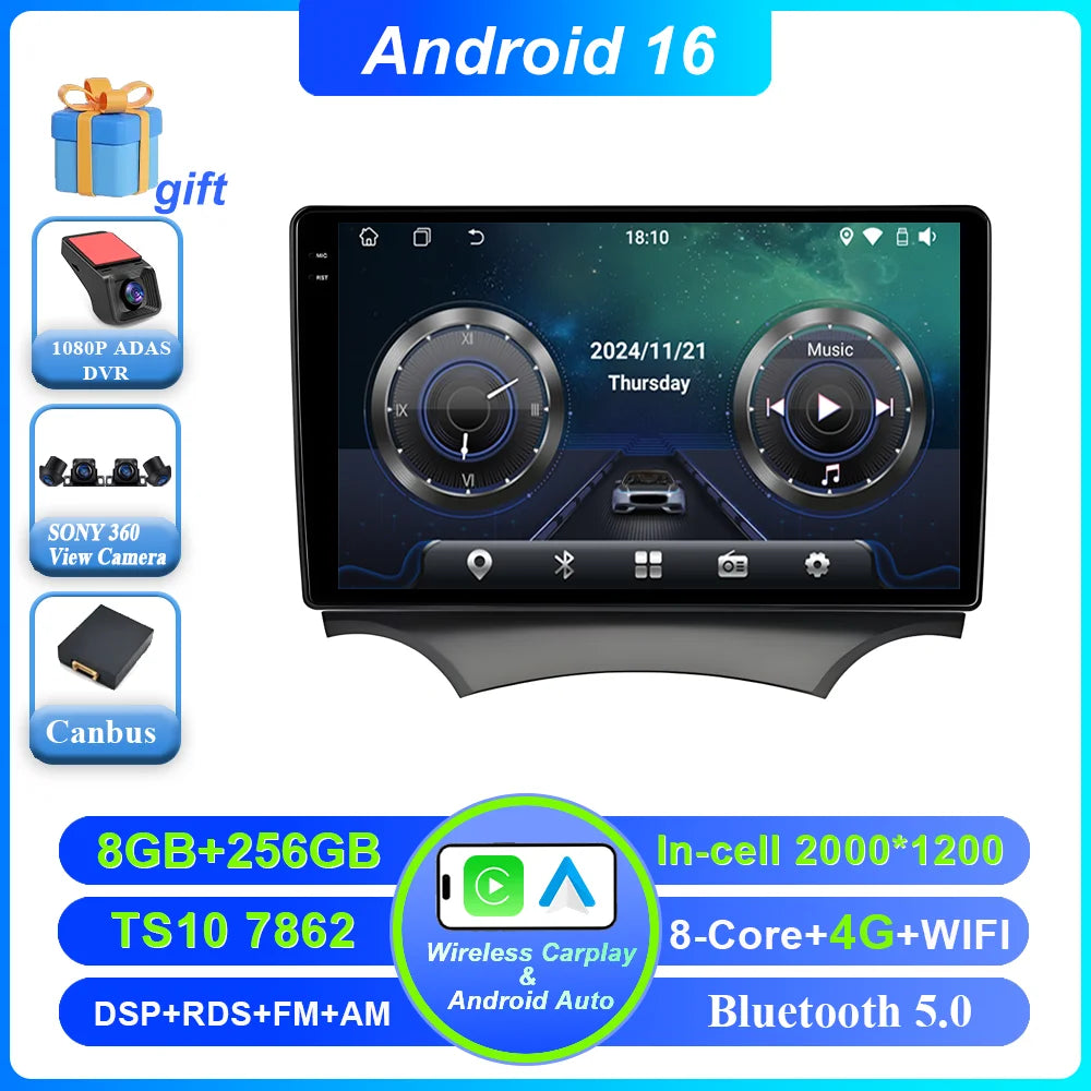 Android 16 Carplay For Ford Ka 2008 - 2014 Auto Radio Stereo Car Multimedia Video Player GPS Navigation QLED Touch Screen 4G DSP CM World
