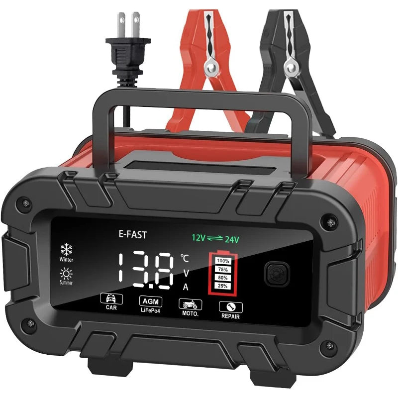 Portable 10A 12V/24V Car Battery Charger for Automotive Use with Smart Protection