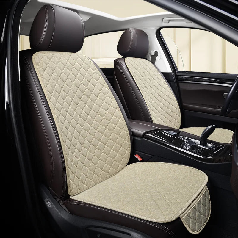 Universal Car Seat Cushion with Backrest Beige Linen Diamond Quilted Four Seasons Breathable Non-slip Auto Seat Cover Protector